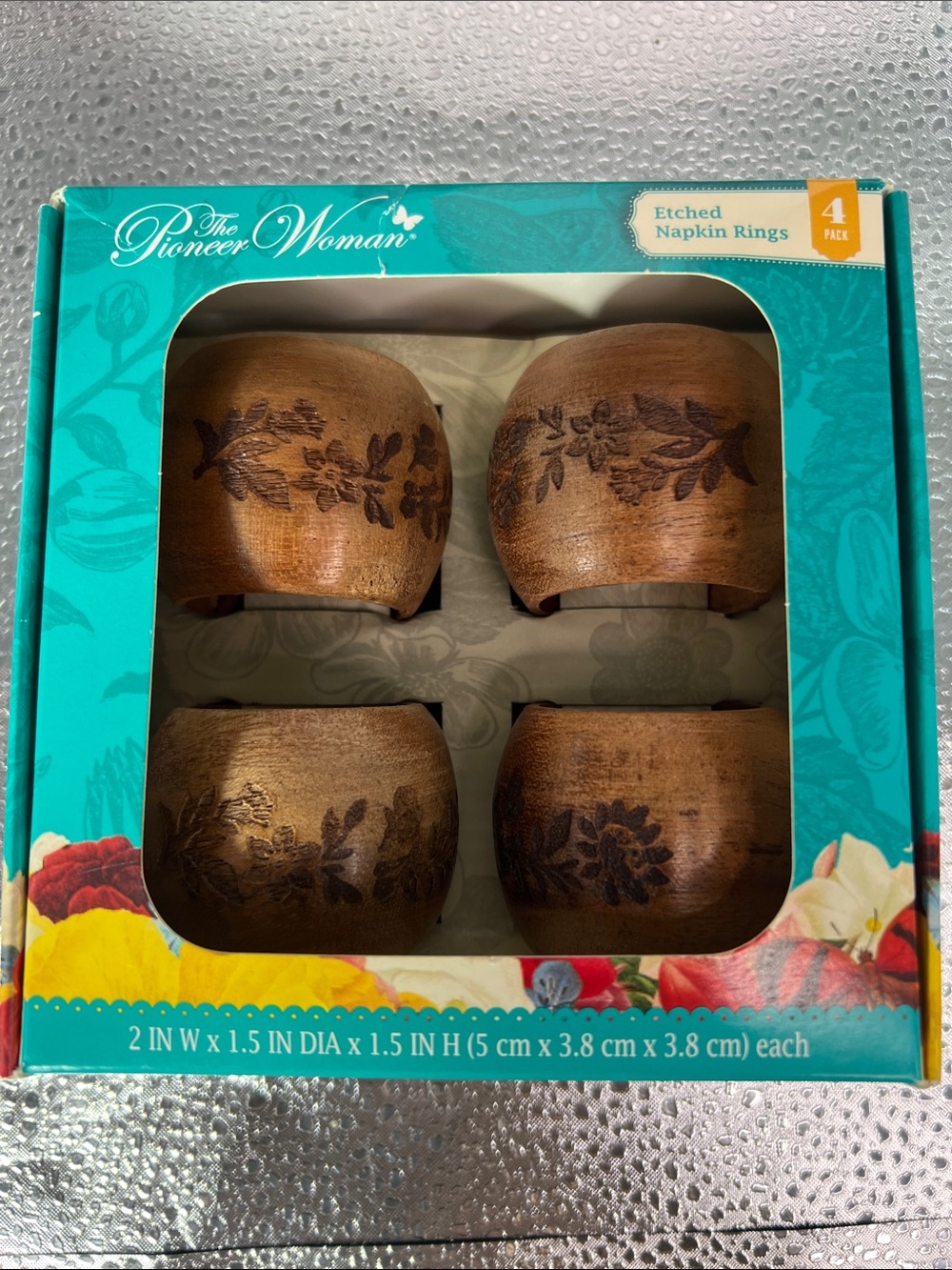 The Pioneer Woman Brown Wood Etched Floral Napkin Rings - Set of 4